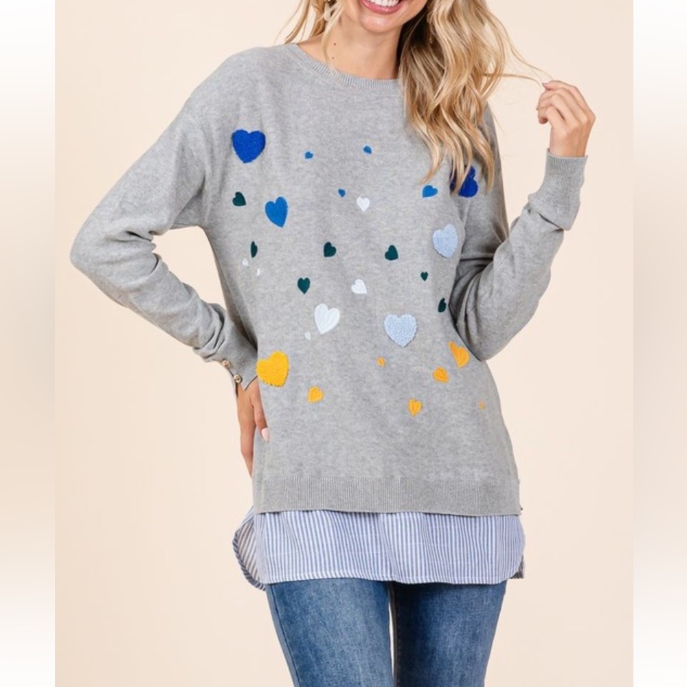 LONG SLEEVE WITH BUTTON  TEXTURED AND EMBROIDERY HEARTS STRIPE SHIRT BOTTOM